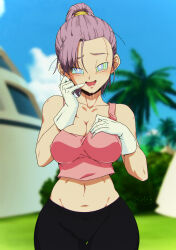 absurdres blush breasts bulla_briefs cleavage dazed dragon_ball drool happy_trance kaa_eyes large_breasts liesday midriff open_mouth ponytail purple_hair shorts smile