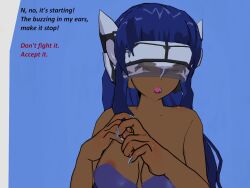 3d blue_hair cleavage dark_skin exposed_chest flamekin long_hair tech_control text visor