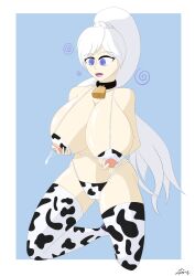 absurdres breasts collar cow_girl cowbell female_only femsub happy_trance huge_breasts lactation large_breasts long_hair milking open_mouth ponytail rwby smile spiral_eyes symbol_in_eyes the_us_doctor weiss_schnee white_hair
