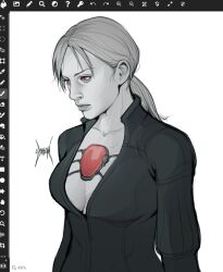  alternate_hair_color blonde_hair bodysuit capcom cleavage collarbone expressionless female_only femsub glowing_eyes greyscale jill_valentine p30 ponytail red_eyes resident_evil resident_evil_5 signature simple_background solo tech_control white_background zombiyh 