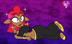  aged_up alternate_costume bracelet breath_of_the_wild dark_skin elf_ears expressionless eyebrows_visible_through_hair eyelashes femsub gerudo gradient_background green_eyes hypnoscream large_breasts lying makeela_riju midriff navel nintendo pants posing red_hair shoes shrunken_irises simple_background solo sparkle tagme tears_of_the_kingdom the_legend_of_zelda tied_hair watermark wide_hips 