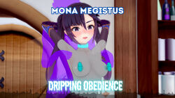  anoni_hypno arms_above_head black_eyes black_hair bodysuit breasts cover english_text femsub genshin_impact long_hair maledom mona_(genshin_impact) nipples nude sex_toy text vibrator 