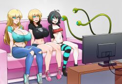  absurdres ahoge alice_(er-ikaa) bangs black_hair blonde_hair breasts cassie_(keeperika) choker cleavage collarbone drool erect_nipples_under_clothes erika_(er-ikaa) female_only femsub happy_trance huge_breasts jeans kaa_eyes large_breasts long_hair midriff multicolored_hair multiple_girls multiple_subs navel open_mouth original shinzu short_hair short_shorts sitting small_breasts tentacles tv 