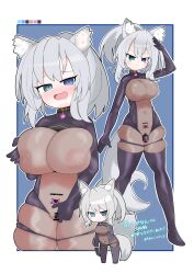 absurdres animal_ears bangs barcode blue_background blue_eyes blush bodysuit boots border breast_press censored chibi collar crotch_tattoo dildo drool egukuikou empty_eyes female_only femsub fingering fox_ears fox_girl fox_tail garter gloves hand_on_hip happy_trance heart heterochromia japanese_text large_breasts latex masturbation multiple_views navel nipples open_mouth opera_gloves original ponytail rubber saluting see-through simple_background smile solo tail tattoo thick_thighs thigh_boots thighhighs tight_clothing vaginal vibrator white_background wide_hips