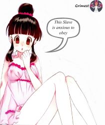 black_hair breasts chichi dazed dragon_ball empty_eyes expressionless female_only femsub grimest_(manipper) lingerie manip open_mouth see-through solo text topless underwear yukimitsuki