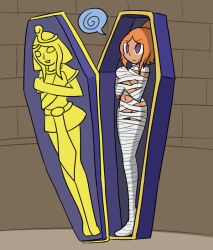  coffin egyptian empty_eyes femsub happy_trance mummification mummy mythkaz orange_hair original ponytail smile spiral 