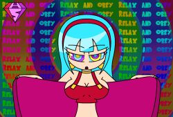  aged_up androgynous_sub bare_shoulders blue_hair bulla_briefs choker couch crop_top dragon_ball dragon_ball_gt earrings english_text expressionless femdom femsub gradient_background heavy_eyelids hypnoscream hypnotized_hypnotist kaa_eyes large_breasts looking_at_viewer mantra multicolored_eyes open_mouth ring_background shiny_hair shiny_skin simple_background sitting straight-cut_bangs 