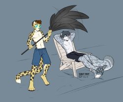 animal_ears arms_above_head ash_(ashkelling) barefoot brown_hair cat_boy closed_eyes exposed_chest expressionless furry glowing_eyes grey_hair leopard_boy male_only maledom malesub midriff multiple_boys non-human_feet novus_(novus724) original possession scarlet-frost short_hair shorts simple_background sitting smile tail topless