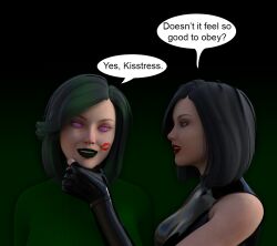  3d black_hair dialogue female_only femdom femsub green_hair happy_trance hypnotic_kiss kathy_(theheckle) kissing kisstress_(theheckle) latex lipstick lipstick_mark original spiral_eyes symbol_in_eyes text theheckle 