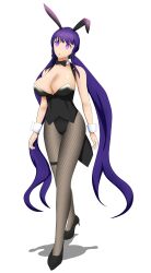  absurdres bangs bare_shoulders bow_tie breasts bunny_ears bunny_girl bunnysuit cleavage cuffs dazed empty_eyes expressionless eyebrows_visible_through_hair fake_animal_ears female_only femsub fishnets genshin_impact goddess high_heels huge_breasts leggings open_mouth purple_eyes purple_hair raiden_shogun_(genshin_impact) simple_background soex solo standing straight-cut_bangs tagme twintails very_long_hair white_background 