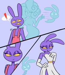  absurdres alternate_costume angry artist_request aware before_and_after black_eyes black_lipstick blue_eyes blush bunny_boy dress eye_color_change eyelashes eyeshadow femboy femdom furry ghost ghost_girl gloves jax_(the_amazing_digital_circus) lipstick malesub opera_gloves original patricia_(dez_a_sketch) possession purple_background sequence simple_background soul_removal speech_bubble tagme the_amazing_digital_circus yellow_sclera 