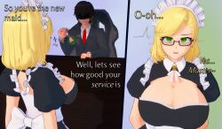 3d absurdres bell black_hair blonde_hair business_suit cleavage clothed dialogue earrings expressionless femsub green_eyes huge_breasts koikatsu! maid maid_headdress maledom original sequence short_hair sitting standing text thehguy veronica_nightingale_(majinsfw)