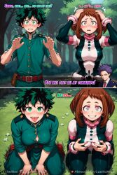 ai_art before_and_after brown_hair darktsubaki_(manipper) dialogue drool femsub green_eyes green_hair hitoshi_shinso izuku_midoriya kneeling lustful_mind magic maledom malesub multicolored_eyes multiple_subs my_hero_academia ochaco_uraraka sequence tongue tongue_out transformation transgender