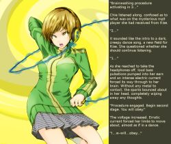 brown_hair caption chie_satonaka crossed_eyes dancing drool electricity eye_roll female_only femsub headphones hypnotic_accessory manip nishiuri_warito open_mouth persona_(series) persona_4 pompom_(manipper) short_hair sketch skirt tech_control text traditional