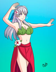 alerith alternate_costume bare_legs breasts cleavage dancer dancing female_only femsub fire_emblem fire_emblem_radiant_dawn flower flower_in_hair grey_hair happy_trance hypnotic_plant legs long_hair micaiah nintendo pheromones pink_eyes thighs