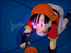  all_fours bandana black_hair blush boots clothed dragon_ball dragon_ball_gt drool femsub fingerless_gloves gloves glowing glowing_eyes hypnotic_eyes lilly41944 open_mouth pan_(dragon_ball) pants purple_eyes ring_eyes shirt signature snake 
