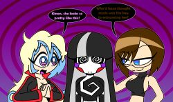  aged_up ahoge bare_shoulders black_hair black_sclera blue_eyes breasts brown_hair charlotte_emily cleavage collarbone convenient_censoring crossover dialogue english_text expressionless female_only femdom femsub five_nights_at_freddy's glasses gurren_lagann hypnoscream kinon_bachika long_hair looking_at_viewer monster_girl multicolored_hair multiple_doms nia_teppelin open_clothes short_hair smug speech_bubble spiralwash_eyes standing_at_attention tagme text white_hair 