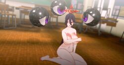  3d black_hair bottomless breasts classroom covering custom_maid_3d_2 halo huge_breasts kneeling kuromaru m.u.g.e.n. navel nude open_mouth red_eyes topless trapped yukoruni 