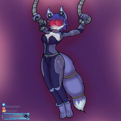  barefoot blue_hair blue_skin bodysuit collar collarbone female_only femsub fox_girl furry gradient_background headphones krystal nintendo non-human_feet open_mouth restrained short_hair signature simple_background solo star_fox tech_control tentacles tongue tongue_out trapknight visor 