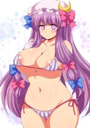 afuro bikini blush bow breasts cleavage clothed_exposure erect_nipples female_only femsub hair_ribbon hat icontrol_(manipper) large_breasts long_hair looking_at_viewer manip micro_bikini navel patchouli_knowledge purple_hair ribbon solo spiral_eyes standing swimsuit symbol_in_eyes touhou