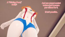 aware blue_eyes clothed clothed_exposure dialogue female_only jean_shorts misty mustardsauce orange_hair pokemon pokemon_(anime) solo suspenders text unaware underboob