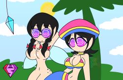  adeleine aged_up androgynous_dom arms_above_head beret black_hair convenient_censoring crystal eyebrows_visible_through_hair femsub freckles glasses hypnoscream kirby_(series) large_breasts multiple_girls multiple_subs nintendo nude pov_dom pride_colors purple_eyes queen_ripple shiny_skin short_hair simple_background sitting spiralwash_eyes swimsuit twintails watermark wide_hips 