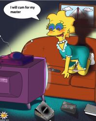 dialogue drool hypnolster_(manipper) hypnotic_screen kaa_eyes kneeling lisa_simpson masturbation necklace open_mouth orange_box panties pussy_juice socks tech_control text the_simpsons tongue tongue_out underwear western yellow_skin