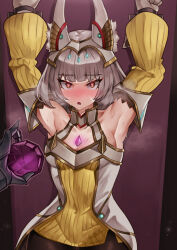 arm_warmers armpits arms_above_head bare_shoulders blush cape cat_ears cat_girl collarbone corruption dress_shirt eyebrows_visible_through_hair facial_markings handcuffs headdress heart_eyes hypnotic_smell jewelry looking_at_viewer nia_(xenoblade) nintendo open_mouth perfume restrained silver_hair skirt small_breasts standing sweat tagme thighhighs xenoblade_chronicles xenoblade_chronicles_2 xenoblade_chronicles_3 yellow_eyes yotsuhauni