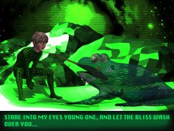 3d blonde_hair bodysuit frog glowing glowing_eyes green_eyes green_skin long_tongue male_only malesub multicolored_eyes original ring_eyes sepentinedream squatting tech_control text