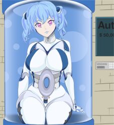 absurdres azur_lane blue_hair breasts bzurrrf cleavage consensual earrings empty_eyes expressionless female_only femsub headphones hypnotic_accessory jewelry large_ass large_breasts long_hair looking_at_viewer pink_eyes robot robot_girl robotization side_ponytail smile st._louis_(azur_lane) tech_control text