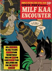  aged_up bagheera black_hair cat_ears cat_girl claws coils dialogue disney exposed_chest femdom genderswap jungle kaa kaa_eyes large_breasts maggotmike malesub mowgli multicolored_hair naga_girl ordeper_arts short_hair snake_girl speech_bubble text the_jungle_book yellow_sclera 