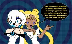 aged_up alternate_costume bare_shoulders blonde_hair blue_eyes choker cleavage collarbone dark_skin dress earrings empty_eyes english_text eyebrows_visible_through_hair eyelashes eyeshadow facial_markings female_only femdom femsub hair_covering_one_eye hand_on_head hypnoscream large_breasts multicolored_hair open_mouth politics purification ring_background sage_(sonic_frontiers) sailor_moon sailor_moon_(series) shiny_hair shiny_skin shrunken_irises simple_background smile smug sonic_frontiers sonic_the_hedgehog_(series) speech_bubble standing surprised twintails