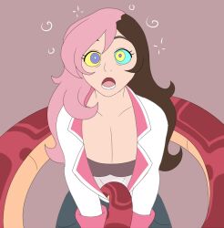breasts brown_hair cleavage coils dazed femsub kaa_eyes large_breasts long_hair looking_at_viewer maledom multicolored_hair neopolitan open_mouth original pink_hair plsgts pov pov_dom rwby saalim_(plsgts) snake undressing
