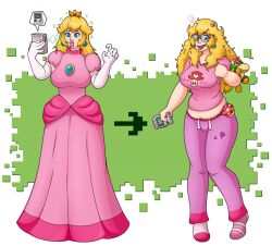 before_and_after blonde_hair braces breasts chubby crown dress drool earrings empty_eyes female_only femsub glasses gloves happy_trance hypnotic_screen jewelry large_breasts midriff nerd nerdification nintendo opera_gloves princess princess_peach solo stuffed_animal super_mario_bros. video_game xxcloneyxx