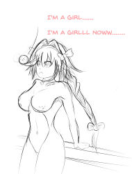 absurdres androgynous astolfo_(fate/grand_order) bottomless breasts coin dazed expressionless fate/apocrypha fate_(series) femsub genderswap krackyart large_breasts lineart navel nude open_mouth pendulum ring_eyes sketch symbol_in_eyes text topless transformation transgender