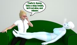 3d blonde_hair blue_skin clothed dialogue female_only femdom femsub green_eyes happy_trance hypnotic_eyes ms._merize_(the4thsnake) original permafrost_(the4thsnake) text theheckle therapist white_hair
