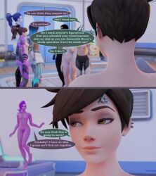  3d altered_perception bottomless breasts comic d.va dialogue female_only femdom femsub hypnotic_accessory multiple_girls multiple_subs nipples nude overwatch sombra_(overwatch) spllcstr tech_control text topless tracer widowmaker 