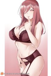  aslindsamure breasts cleavage female_only femsub finger_to_mouth garter_belt large_breasts lingerie long_hair manip miku_nakano pink_eyes red_hair solo spiral_eyes symbol_in_eyes the_quintessential_quintuplets underwear 