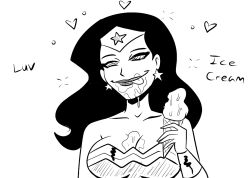 breasts cleavage dc_comics dialogue female_only femsub greyscale happy_trance ice_cream long_hair monochrome polmanning smile solo super_hero text tongue tongue_out wonder_woman