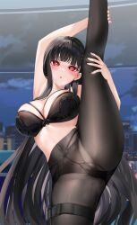  ass black_hair blue_archive blush bra breasts bugmenotencore_(manipper) cameltoe empty_eyes female_only femsub halo heart_eyes large_breasts long_hair manip mvv navel office_lady open_mouth panties pantyhose red_eyes rio_(blue_archive) skirt skirt_lift standing_split suit symbol_in_eyes 