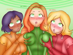 alex black_hair blonde_hair blush bodysuit breast_grab clothed clover dark_skin dialogue drool expressionless female_only femsub glowing glowing_eyes gradient_background green_eyes light_skin long_hair multiple_girls multiple_subs open_mouth orange_hair sam short_hair signature simple_background spiral text totally_spies yumiiart