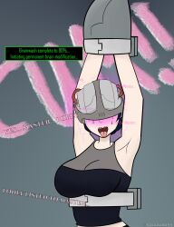  ahegao arms_above_head black_hair brain_drain breasts comic dialogue electricity femsub forced_orgasm helmet infamous lucy_kuo makeup mind_break restrained smile tech_control text thesalazar tongue tongue_out 