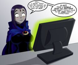  anonymind_(manipper) comic dc_comics female_only femsub goth hypnotic_screen large_breasts manip raven ravenravenraven resisting super_hero tagme tech_control teen_titans text tsundere western 