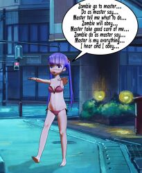 3d aoba_suzukaze bikini empty_eyes female_only femsub karma-x mantra new_game! night open_mouth purple_hair swimsuit text twintails zombie_walk