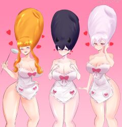 alternate_hairstyle apron beehive_hair black_clover black_hair blush bow breast_expansion breasts cleavage domestication drool female_only femsub happy_trance heart heart_eyes housewife large_breasts mimosa_vermillion multiple_girls multiple_subs naked_apron nero_(black_clover) noelle_silva open_mouth orange_hair pink_eyes smile stepfordization symbol_in_eyes transparenttexture white_hair