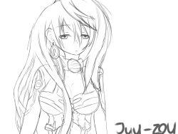 breasts cleavage collar empty_eyes female_only femsub hyperdimension_neptunia iris_heart juuzou large_breasts long_hair open_mouth plutia sketch
