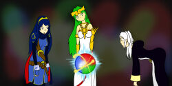  bent_over black--wave blue_hair breasts crown female_only femsub fire_emblem fire_emblem_awakening glowing glowing_eyes goddess green_hair hypnotic_orb jewelry kid_icarus large_breasts leaning_forward long_hair lucina nintendo open_mouth orb palutena princess robin_(fire_emblem_awakening) silver_hair super_smash_bros. 