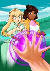 belt blonde_hair brown_hair cape celine_(fields_of_mistria] dark_skin dress earrings eyebrows_visible_through_hair eyebrows_visible_through_hairoutdoors female_only femsub fields_of_mistria green_eyes hair_buns jacket jewelry lihallerix_(artist) long_hair long_skirt magic multiple_girls multiple_subs open_mouth pink_eyes reina_(fields_of_mistria) sequence shirt skirt tied_hair