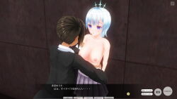 3d blue_eyes blue_hair breasts brown_hair business_suit comic crown dialogue femsub glasses hitori hypnotic_accessory jewelry large_breasts original remote_control school_uniform short_hair skirt tech_control text topless underwear undressing
