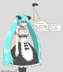  absurdres bangs blue_eyes blue_hair bow breasts choker cleavage coin crossed_eyes cyan_hair dialogue dress drool expressionless eyelashes female_only femsub frills large_breasts light_skin long_hair maid midriff miku_hatsune open_mouth pendulum skirt sobergin solo spiral_eyes standing_at_attention text thighhighs twintails very_long_hair vocaloid 